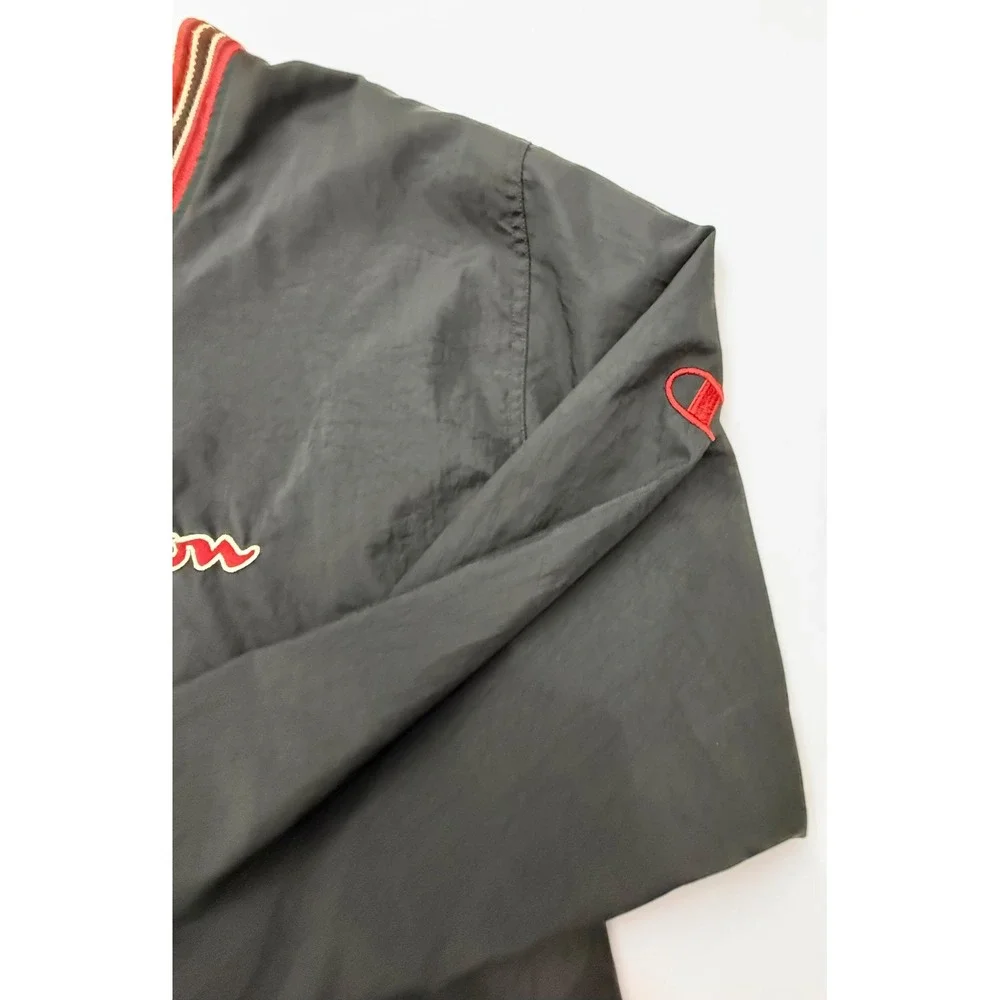 Champion V-Neck Windbreaker Pullover Jacket Black Red Striped Trim Mens Large